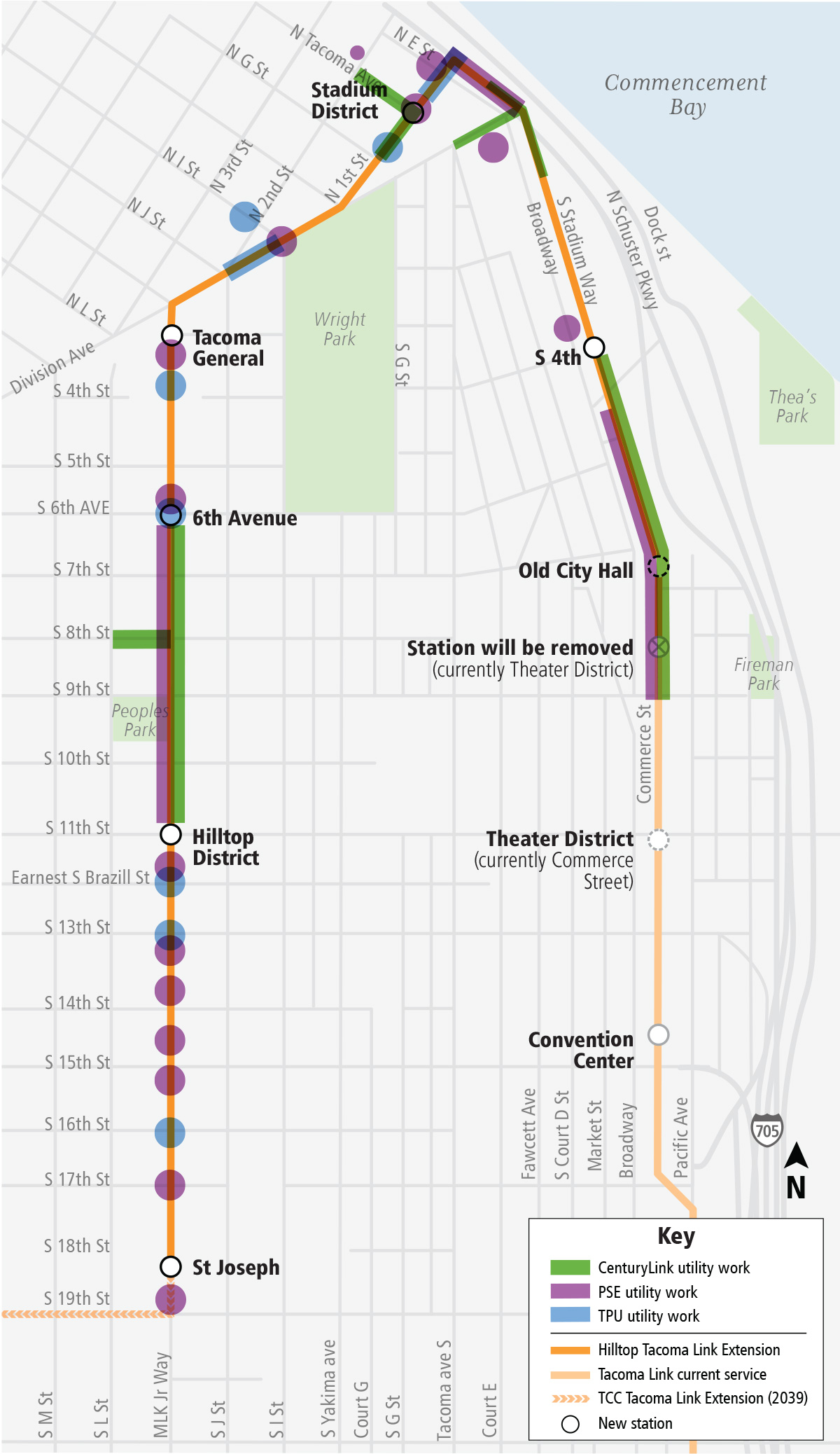 Map of utilities work in Tacoma in preparation for construction of the Hilltop Tacoma Link Extension.