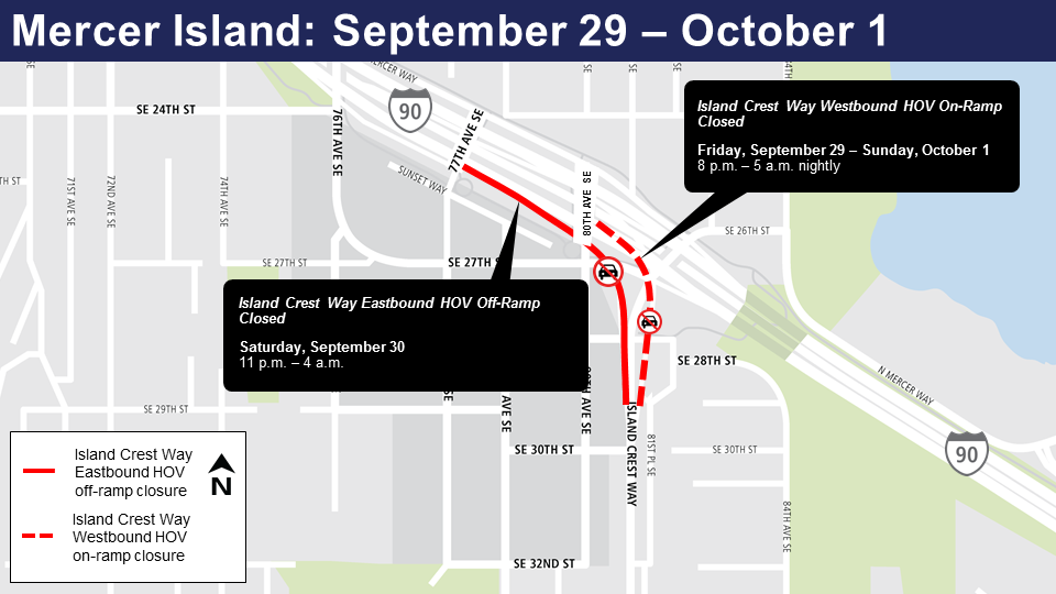 Map of Mercer Island construction area Sept. 29-Oct. 1, 2017