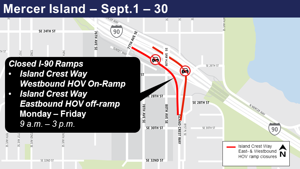 Map of I-90 ramp closures on Mercer Island in September.