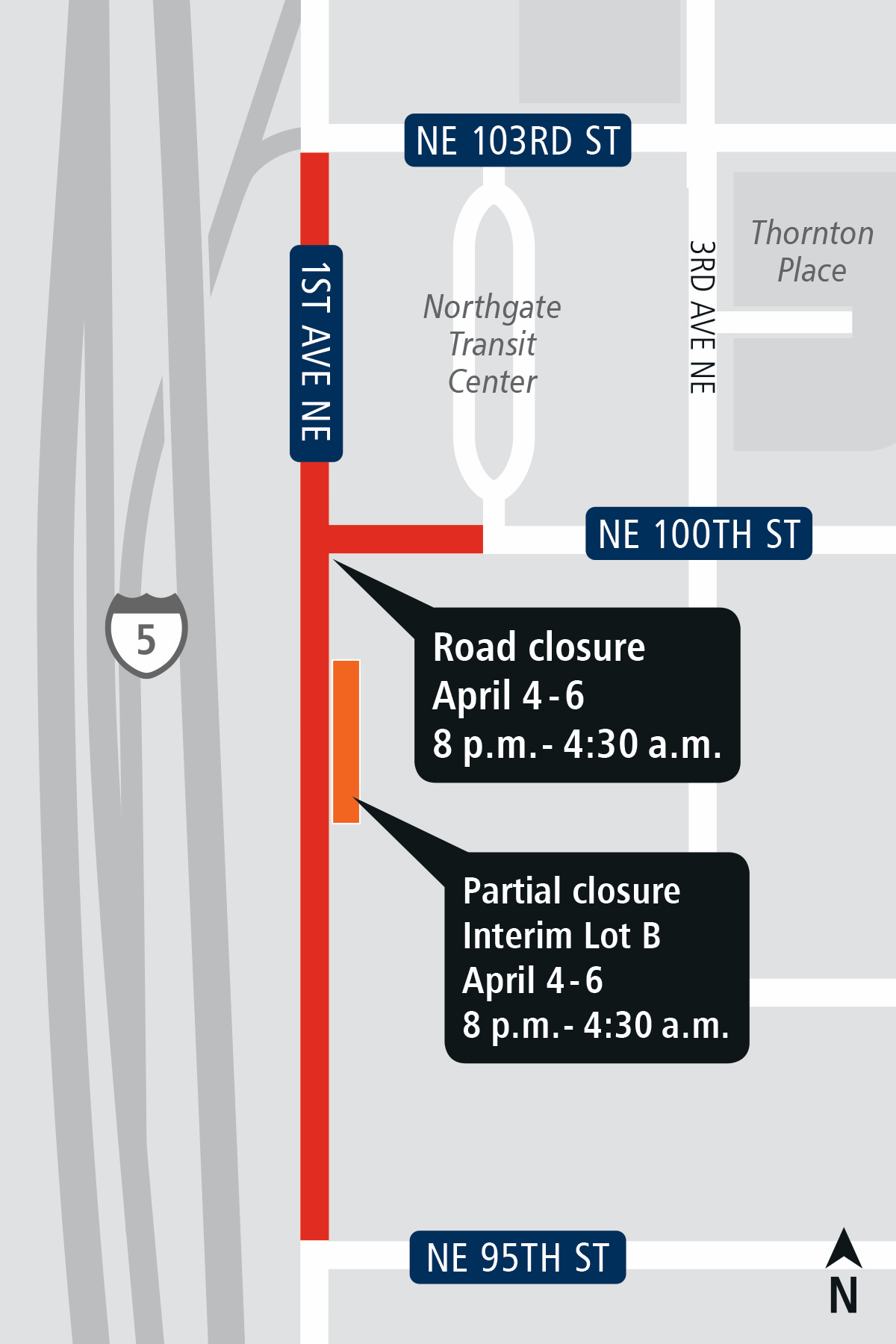 Map of 1st Avenue Northeast closure in Northgate.