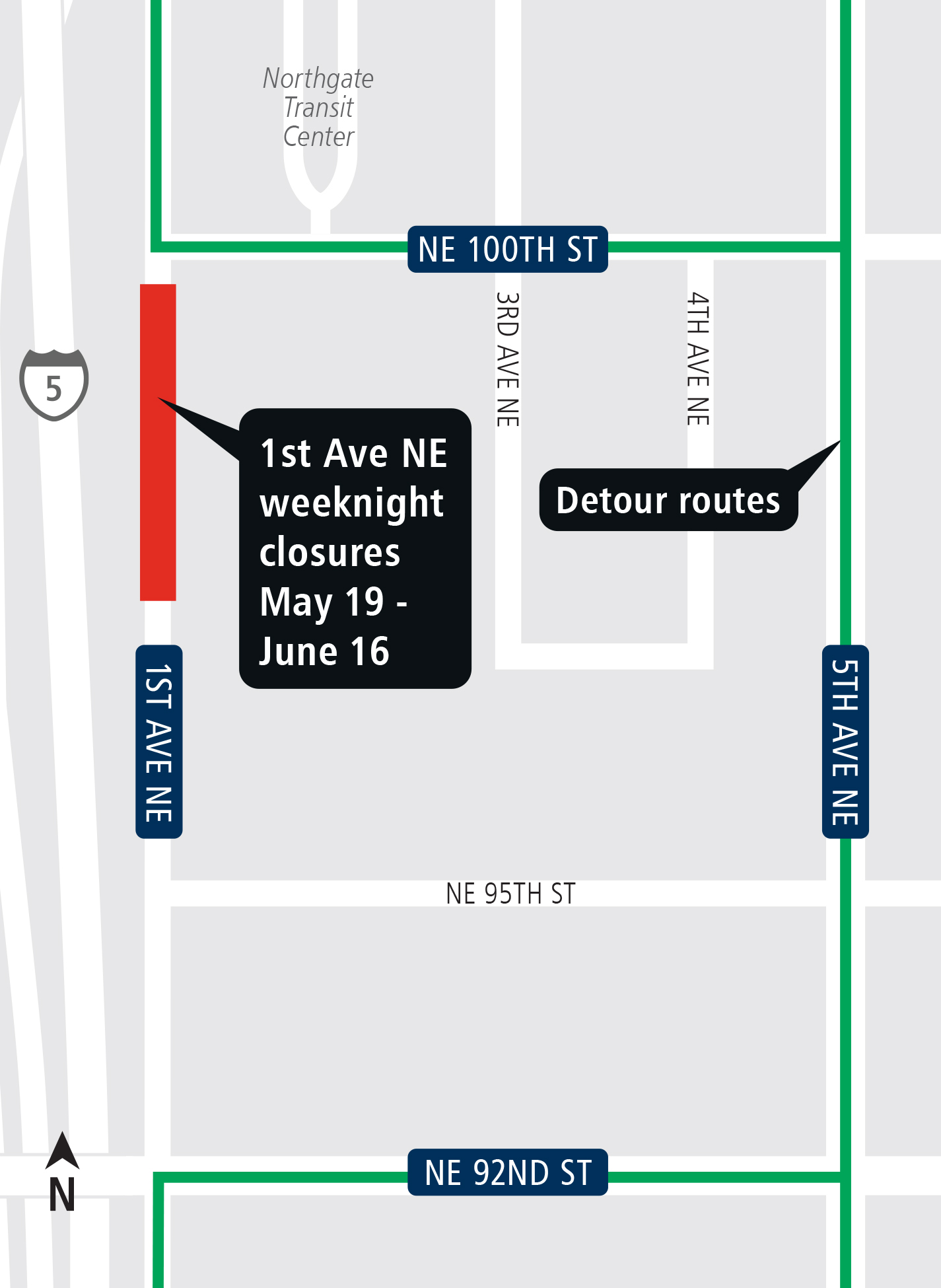Map of 1st Avenue Northeast closures.