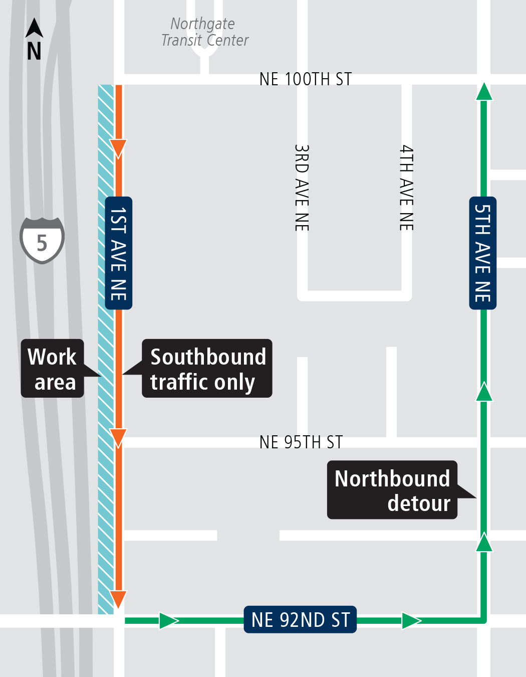Map of construction work on 1st Avenue Northeast in Northgate.