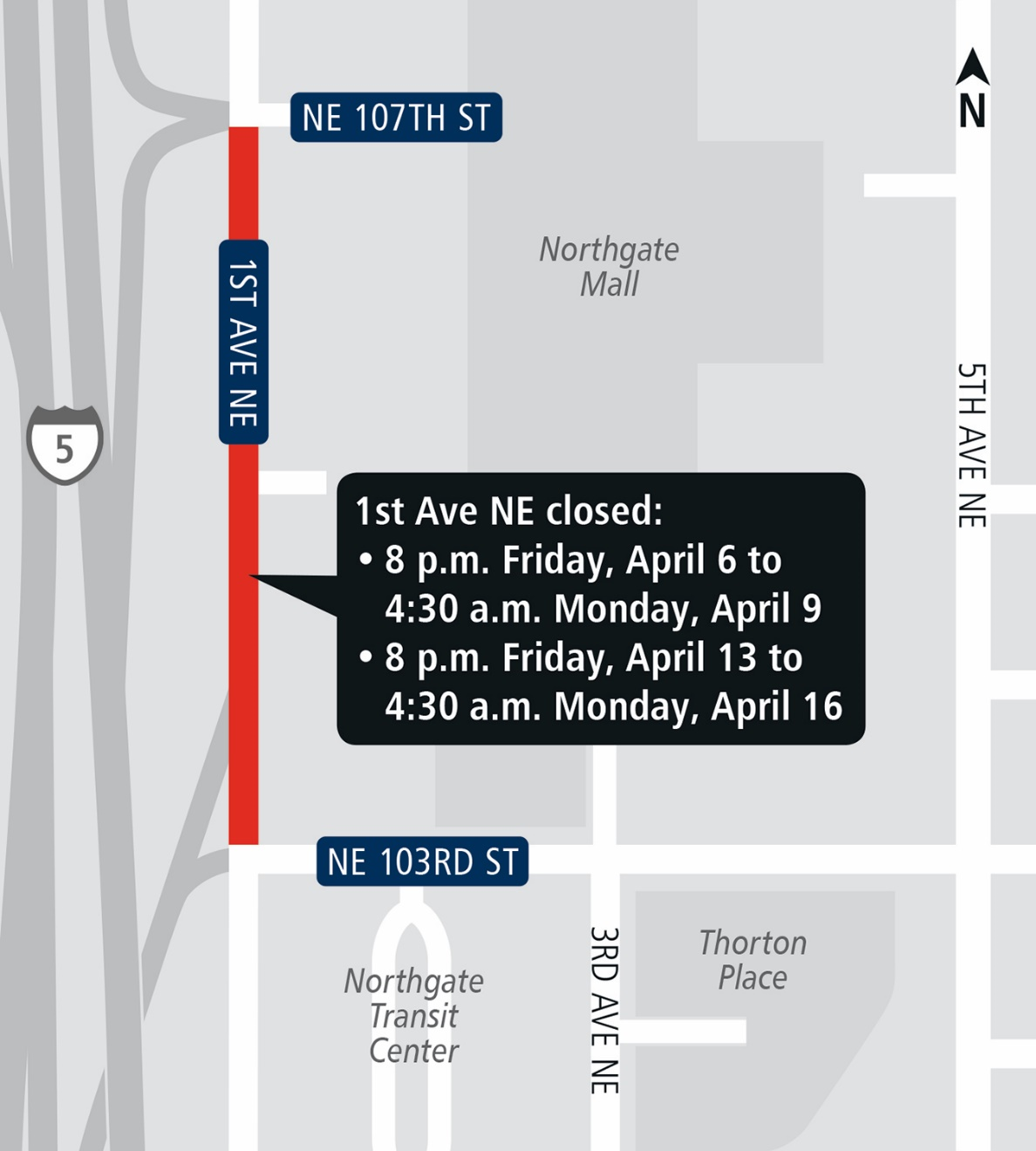 Map of 1st Avenue Northeast closure in Northgate.