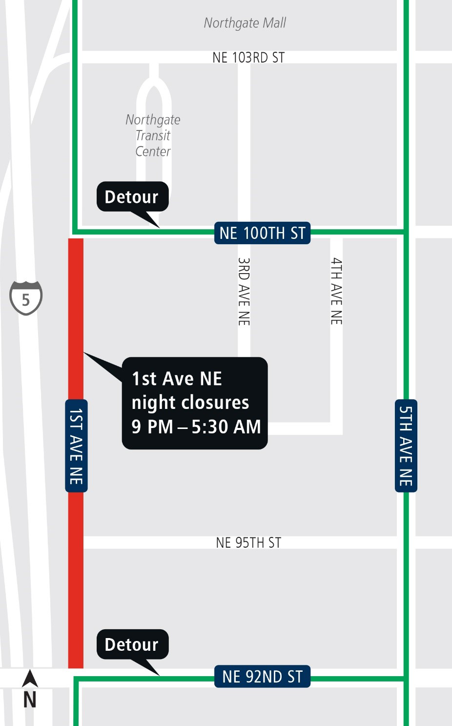 Map of road closures and detours in Northgate.