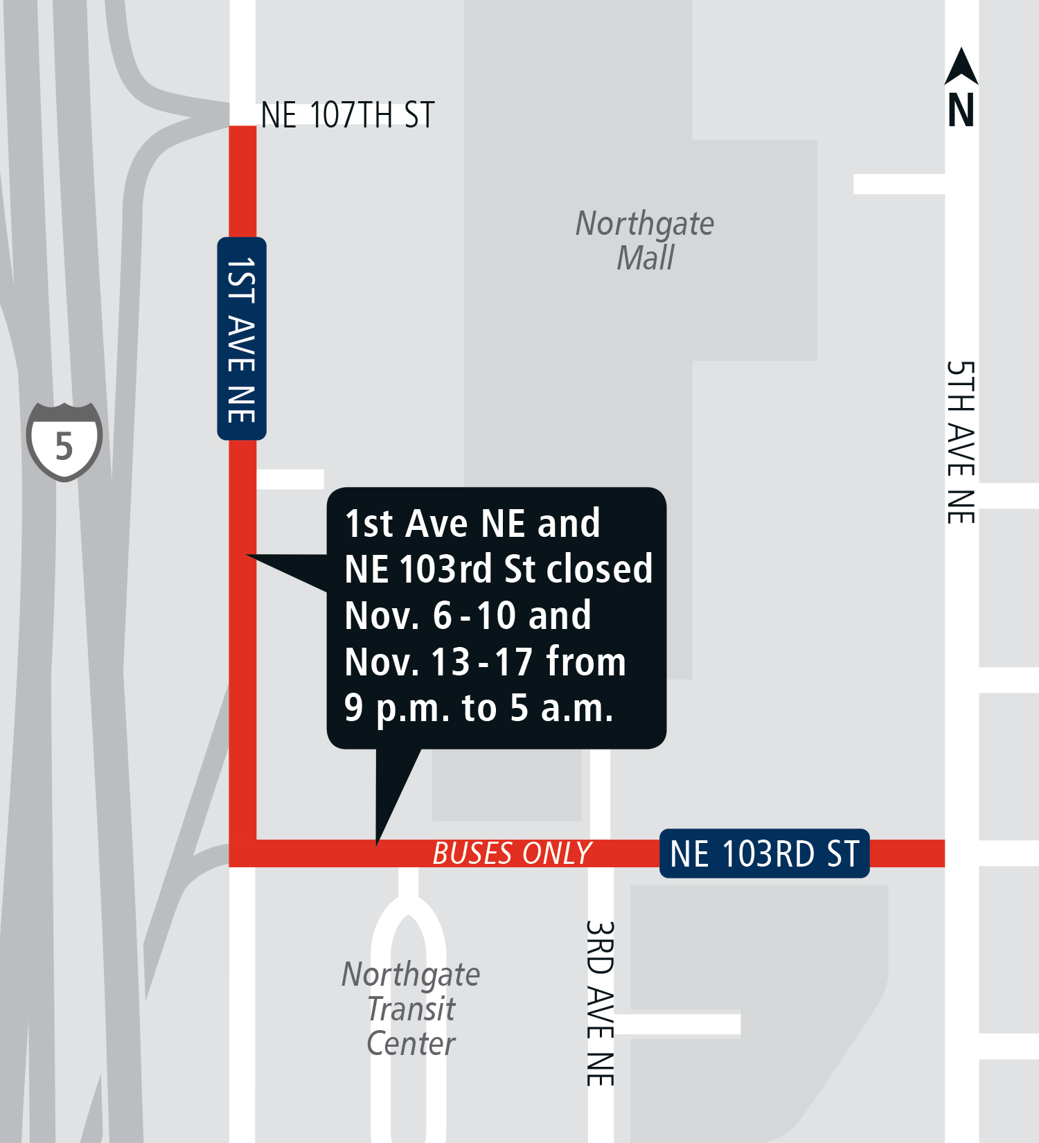 Map of 1st Avenue Northeast Street closure.