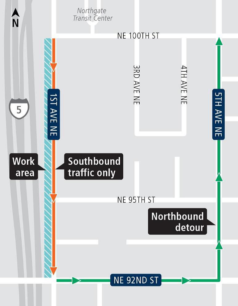 Map of 1st Avenue Northeast Street detour.
