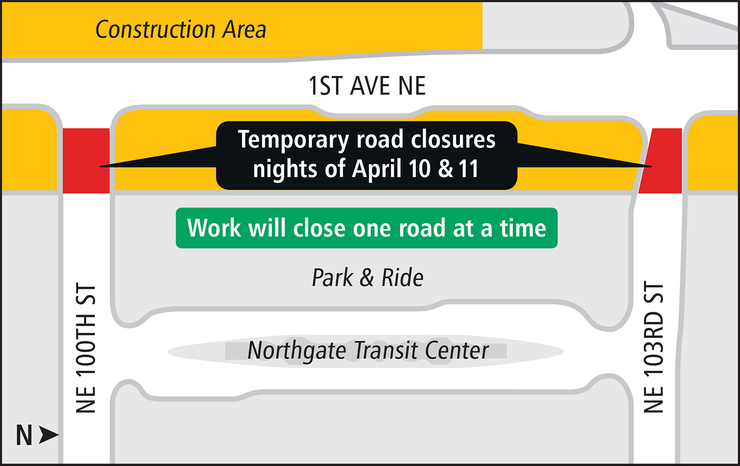 Map of temporary road closures at Northgate Station construction site.