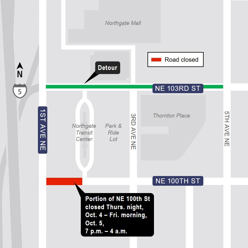 Detour map for 100th Street Northeast closure in Northgate, Oct. 4 and 5.