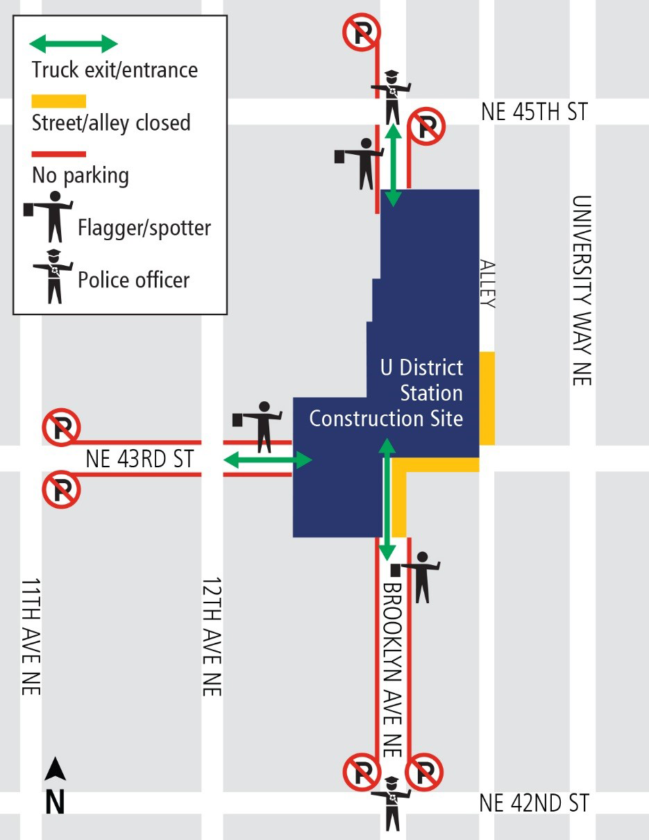 Map of traffic impacts for concrete pour at U District Station.