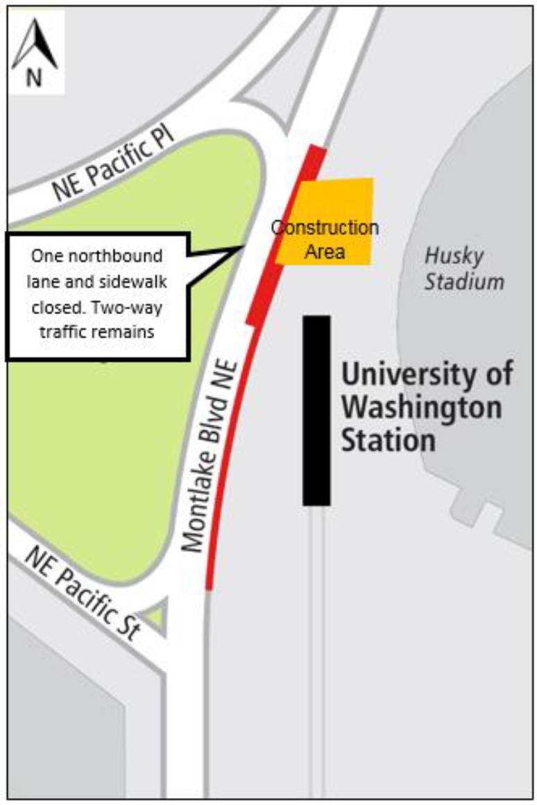 Map showing lane and sidewalk closures on Montlake Boulevard Northeast