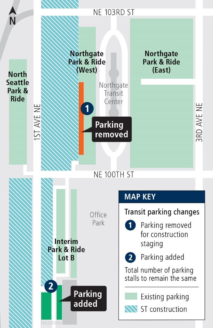 Map of parking lot changes at Northgate Station.