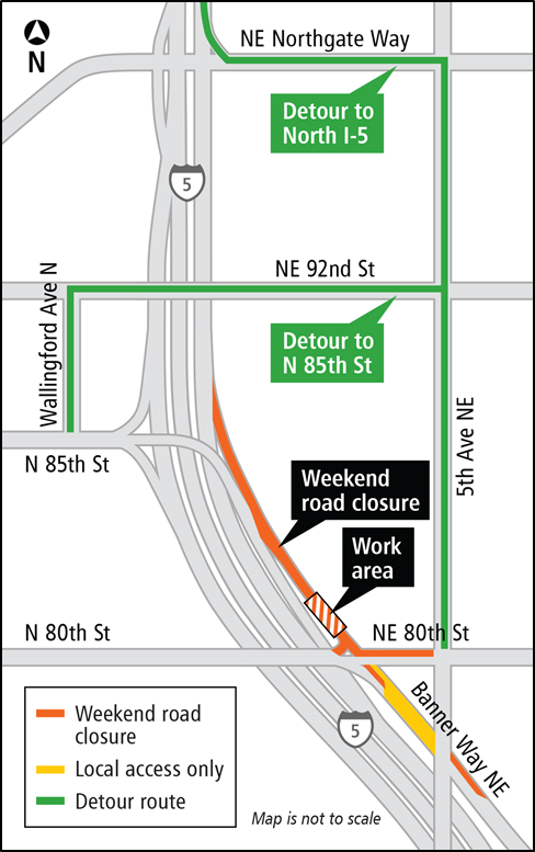 Map of road closures on Banner Way Northeast at Northeast 80th Street