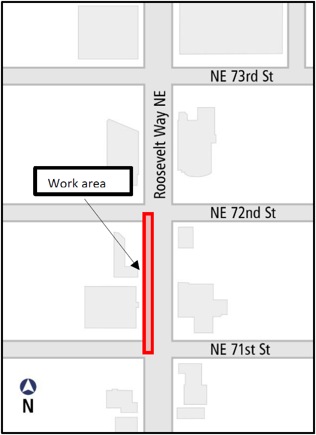 Map of work area on Roosevelt Way NE.