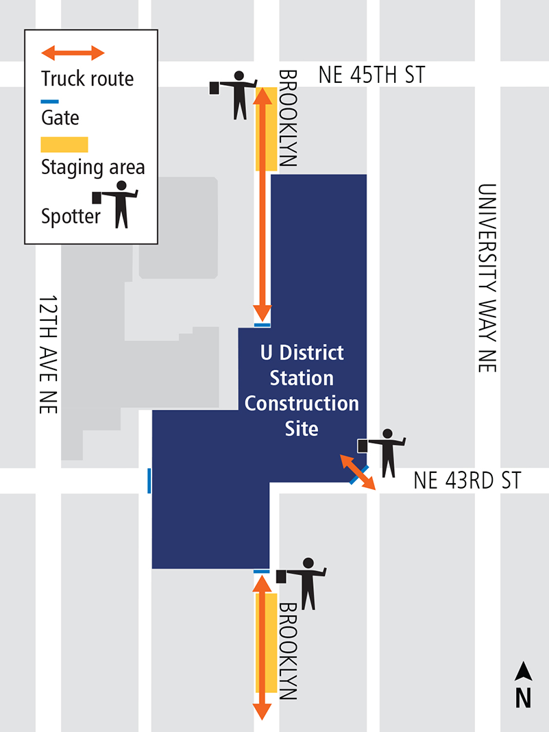 Map of concrete pour trucks entering and exiting construction site at U District Station.