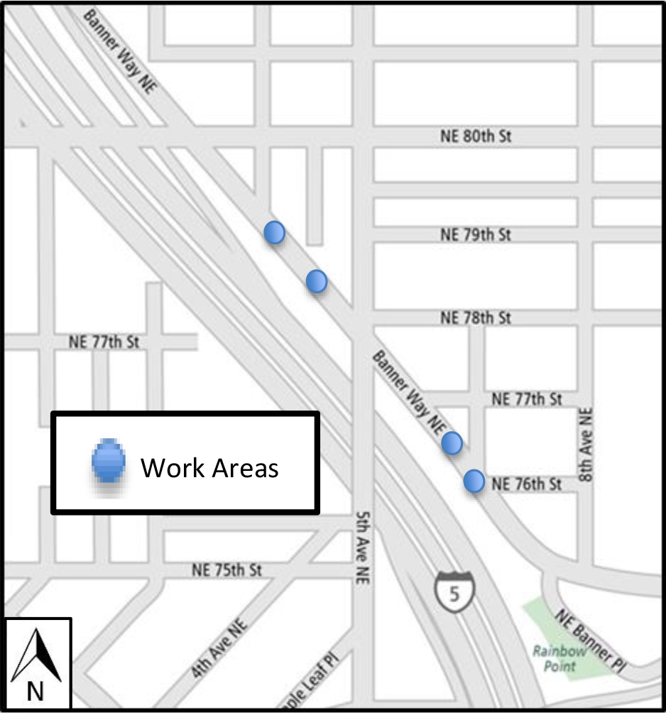 Map of work areas on Banner Way Northeast.
