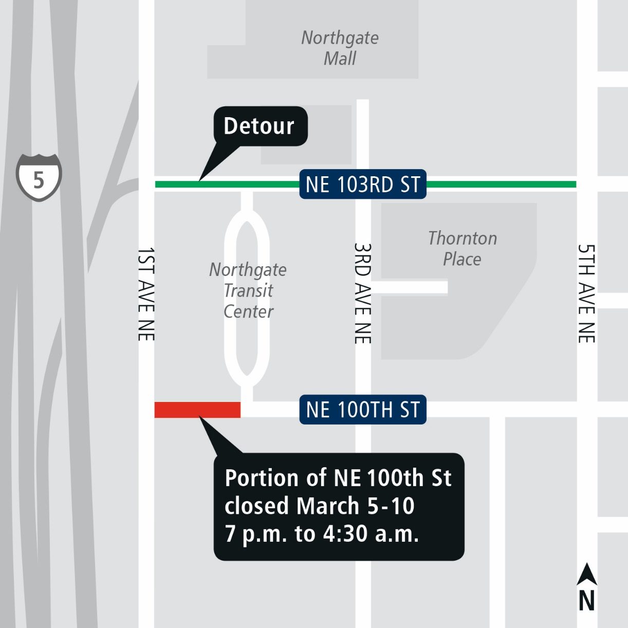 Map of street closures and detours in Northgate.