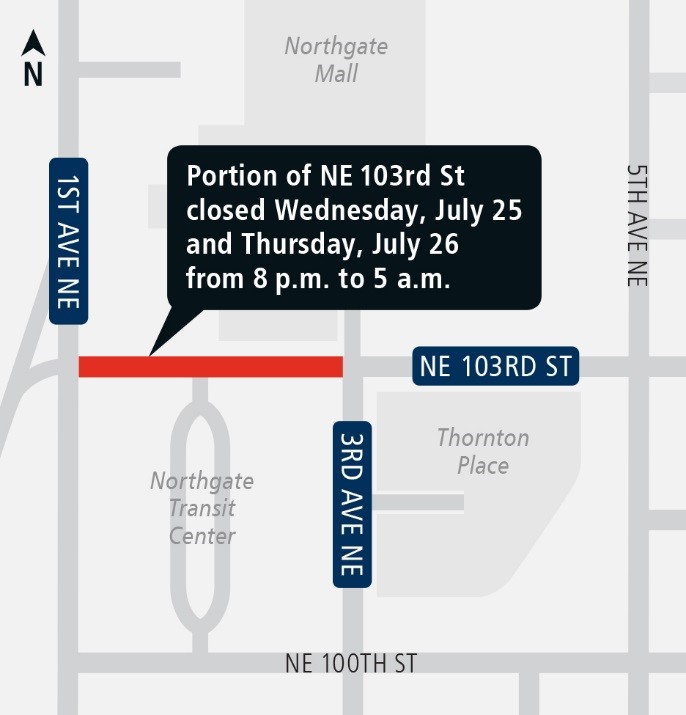 Map of Northgate area street closure July 25-26, 2018