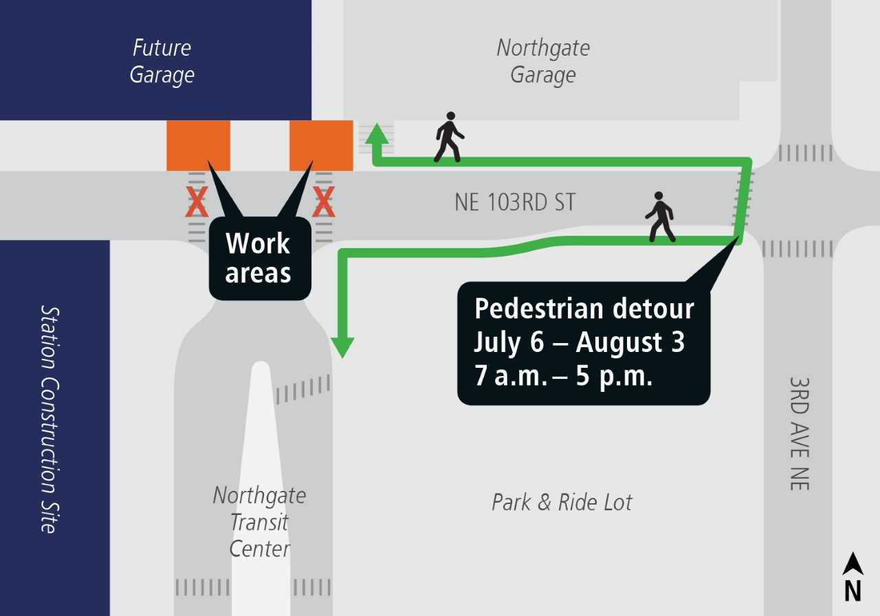 Map of pedestrian detour at Northgate Transit Center.