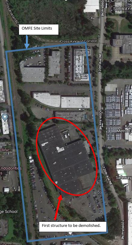 Map of demolition area for construction of the new Operations and Maintenance Facility in Bellevue.