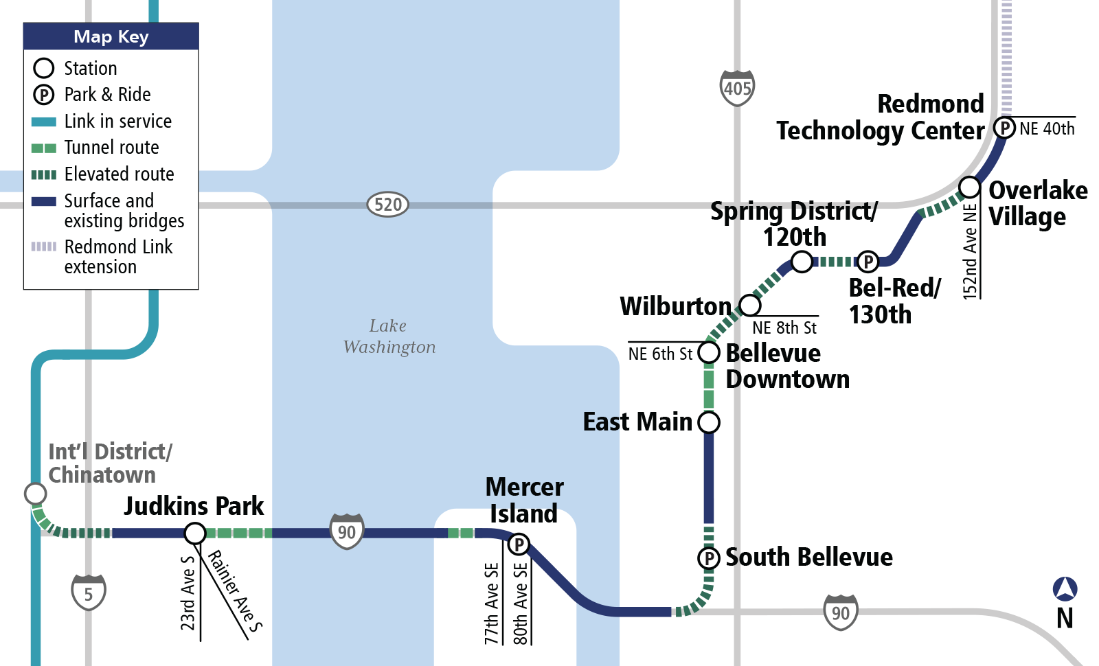 Map of East Link Extension station locations