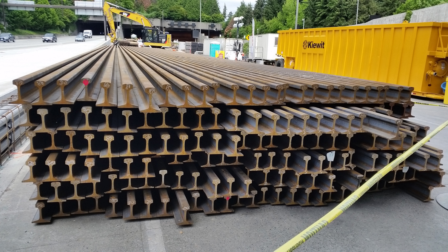 Rail arrives near the Mercer Island tunnel. These rails will be ground, wielded together and installed.