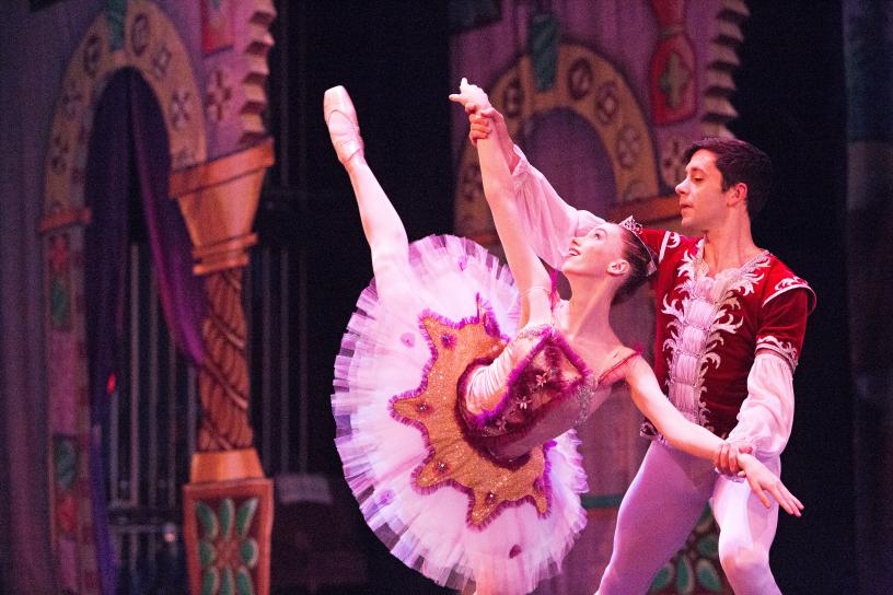 Dancers perform at a ballet.