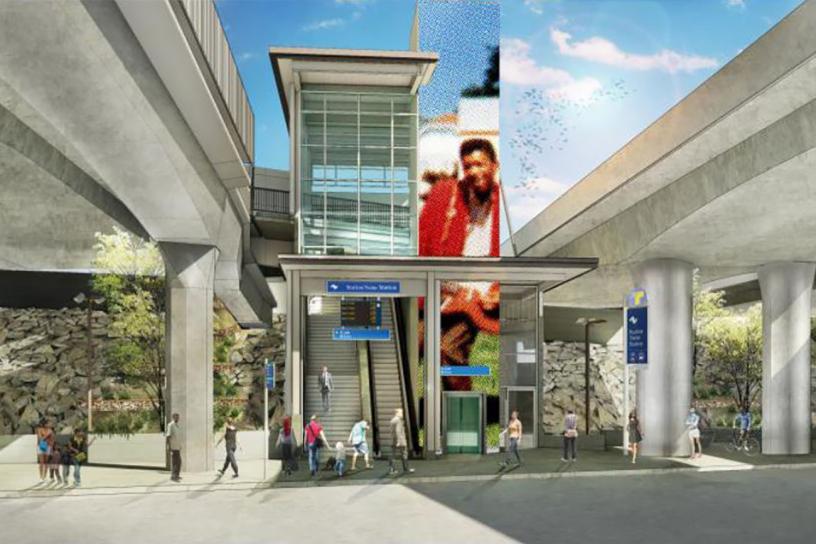 Concept rendering of Hank Willis Thomas's Jimi Hendrix artwork installation at the west entrance of Judkin's Park Station.