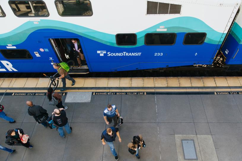 An aerial view of the Kent Station platform as passengers disembark from a Sounder train.