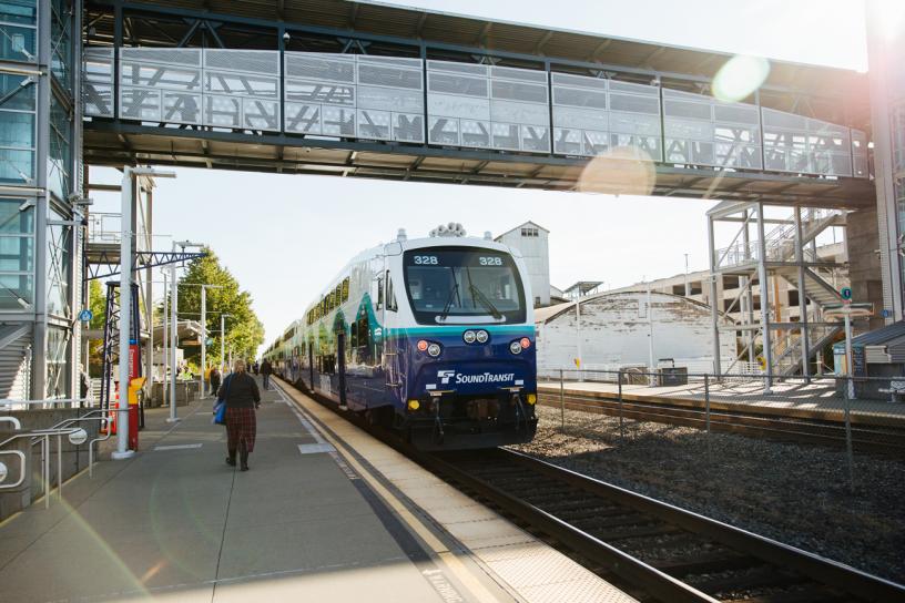 A view from the platform as passengers disembark from a Sounder train at the Kent Station.