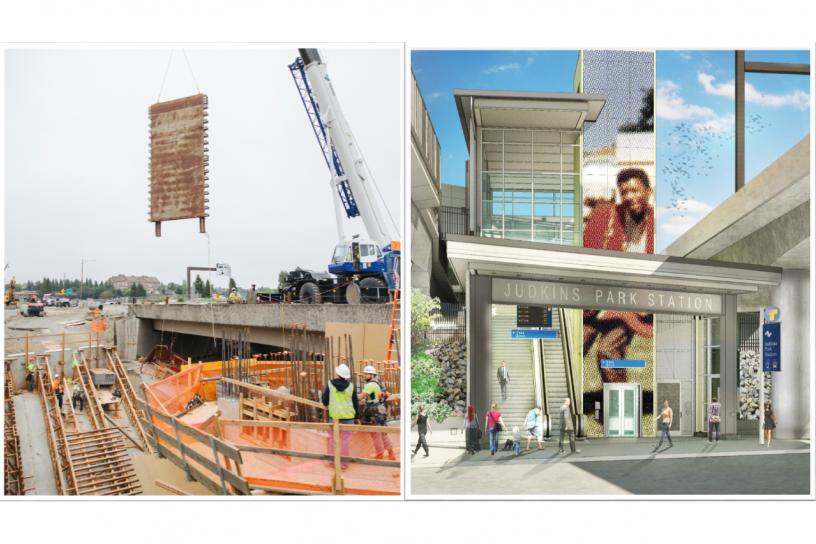 Composite image. Crewmembers remove wood falsework from the concrete elevator shaft at the entrance at the east side of Rainier Avenue South (left). A rendering of the completed entrance when trains roll in 2023 (right).