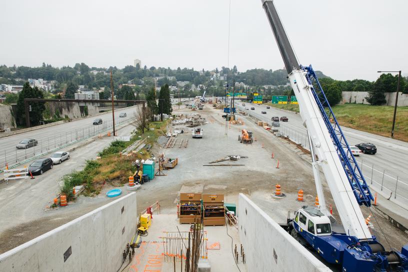 A bird's eye view of the entire station facing west from the 23rd Avenue entrance. When complete the Judkins Park Station will be one of the longest stations Sound Transit has built to date.