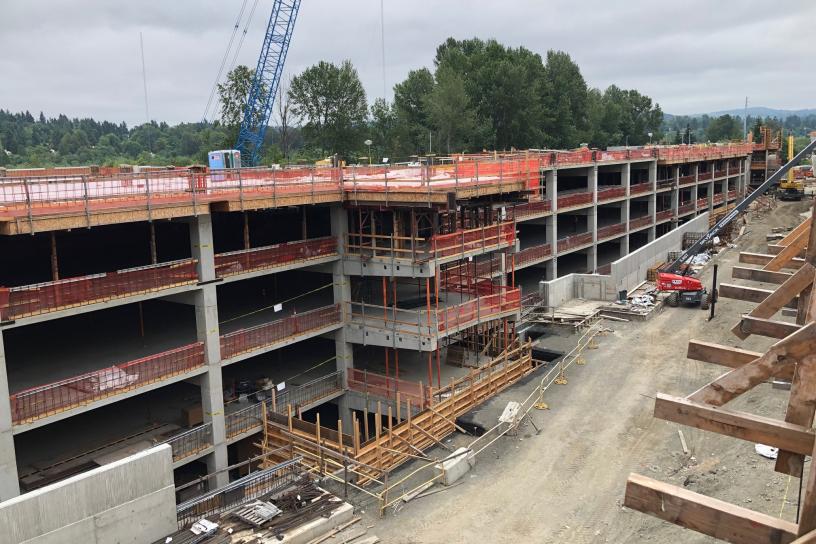 A close up view of progress on the 1,500 stall South Bellevue Station parking garage.