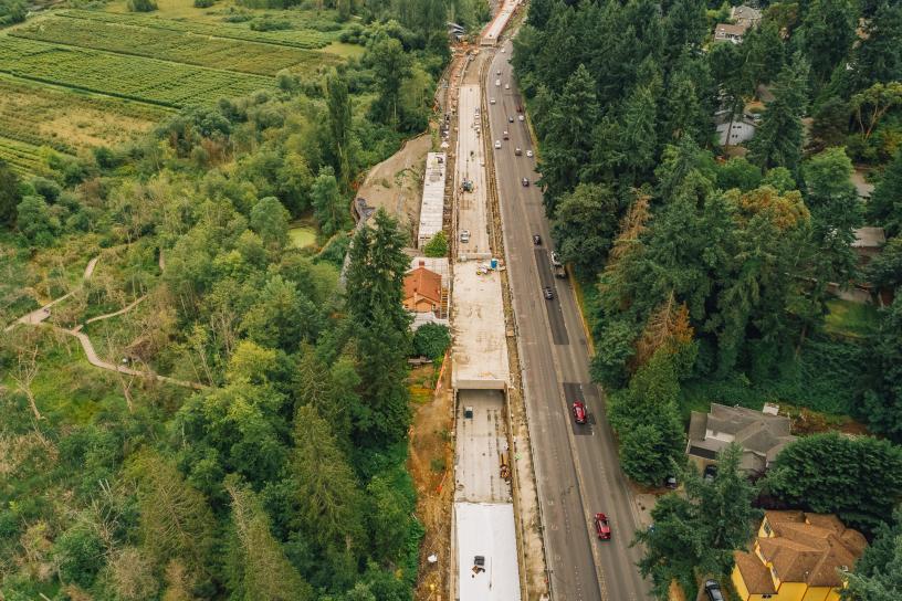 Construction along Bellevue Way Southeast between the Blueberry Farm and 112th Avenue Northeast.