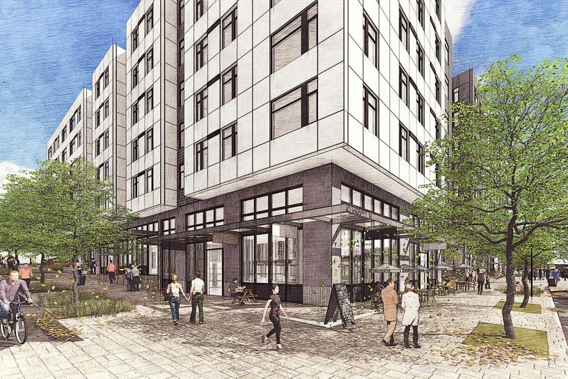 Rendering of a street corner in the Cedar Crossing TOD area