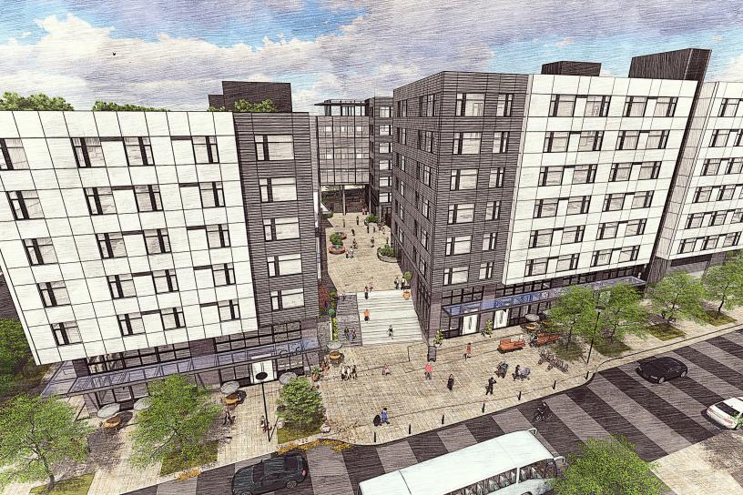 Rendering of a pedestrian area along NE 65th in the Cedar Crossing TOD area