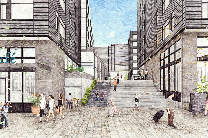 Rendering of an open plaza in the Cedar Crossing TOD area
