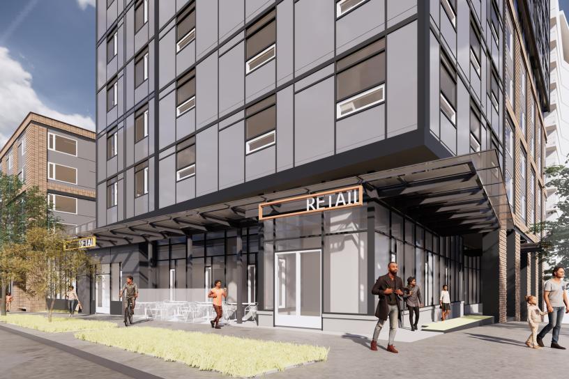 Rendering of the street level of a high rise building