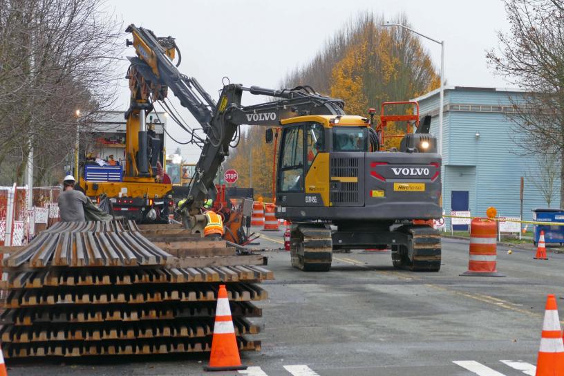 Construction crews close a portion of Martin Luther King Jr. Way for rail welding in Tacoma.