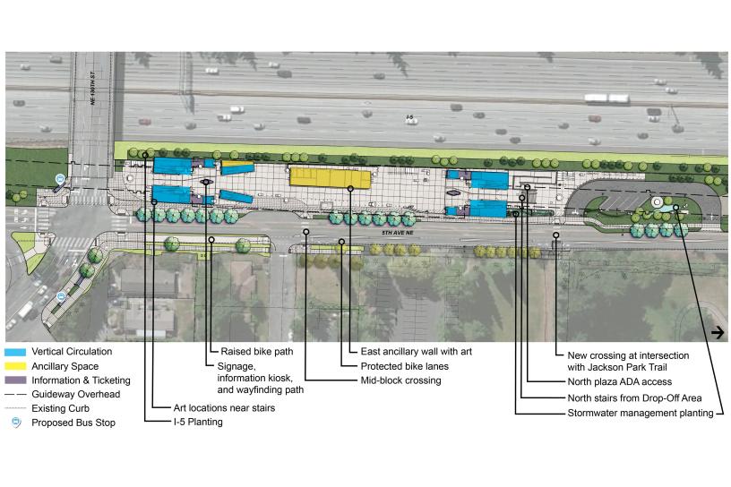 A new elevated station runs along the west side of
                            5th Ave NE at NE 130th St and connects riders to bus
                            stops, drop-off areas, and pedestrian and bicycle
                            improvements.