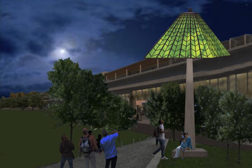 rendering image of people on a walkway and underneath an umbrella structure