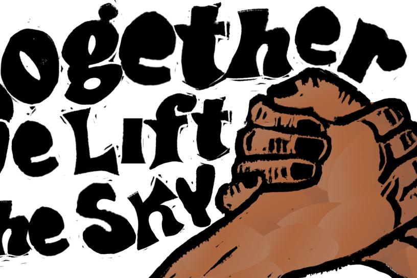 image with the words "Together we lift the sky" along with two hands clasped together