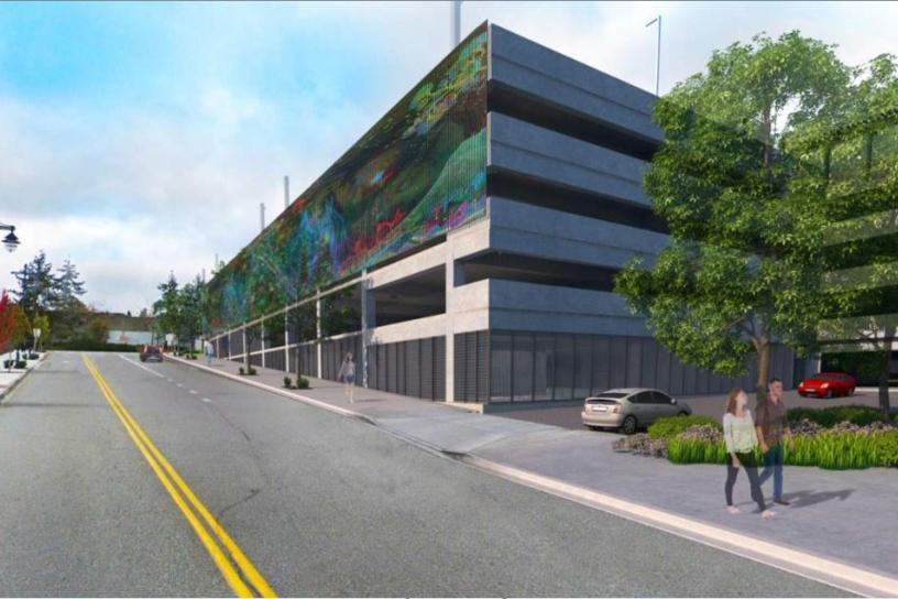 rendering image showing mural on the West face of Federal Way Downtown Station garage extension.