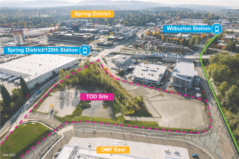 Aerial rendering of Operations and Maintenance Facility East TOD area