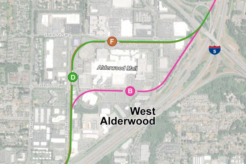 West Alderwood station alternatives being studied in the Environmental Impacts Statement. The station alternatives are labeled B, D and F. Alternative D is the current preferred alternative.  