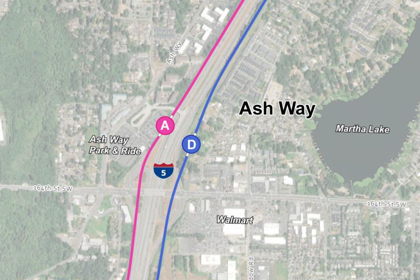 Ash Way station alternatives being studied in the Environmental Impacts Statement. The station alternatives are labeled A and D. There is no current preferred alternative at this station area.  