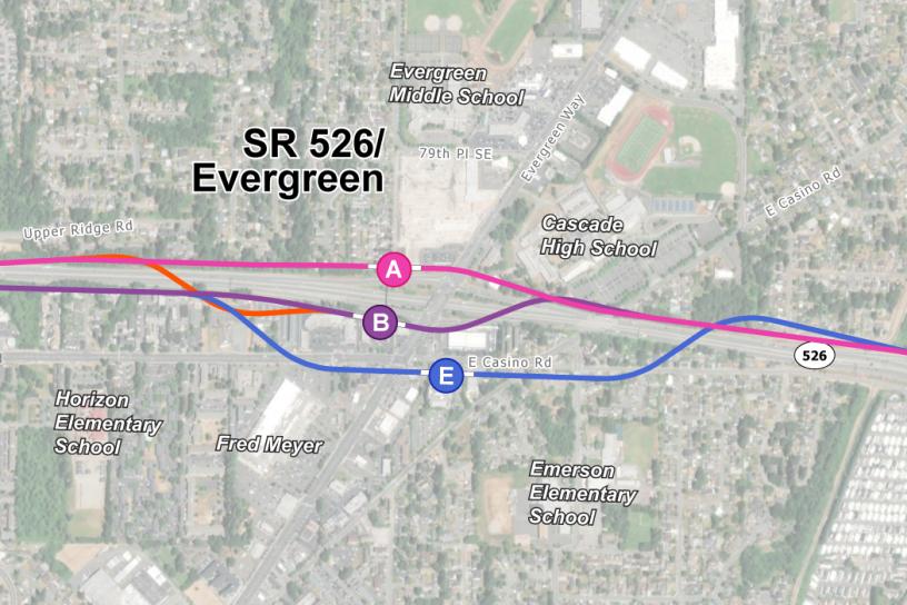 SR 526/Evergreen station alternatives being studied in the Environmental Impacts Statement. The station alternatives are labeled A, B, and E. There is no current preferred alternative at this station area. 