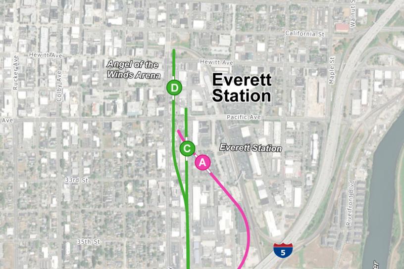 Everett Station alternatives being studied in the Environmental Impacts Statement. The station alternatives are labeled A, C, and D. Alternatives C and D are the current preferred alternatives.  
