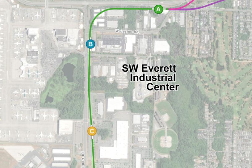 Southwest Everett Industrial Center station alternatives being studied in the Environmental Impact Statement. The station alternatives are labeled A, B, and C. Alternative A is the current preferred alternative.