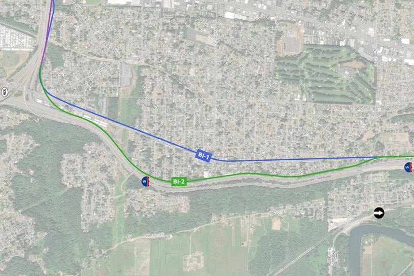 I-5/Broadway alignment alternatives being studied in the Environmental Impact Statement. The alternatives are labeled BI-1 and BI-2. Alternative BI-1 is the current preferred alternative. Note: North is to the right on this map. December 2023