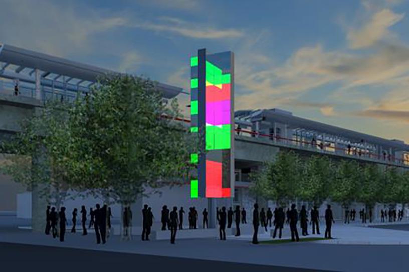 A rendering of a 40 foot tall piece of art that lights up at night near Wilburton Station